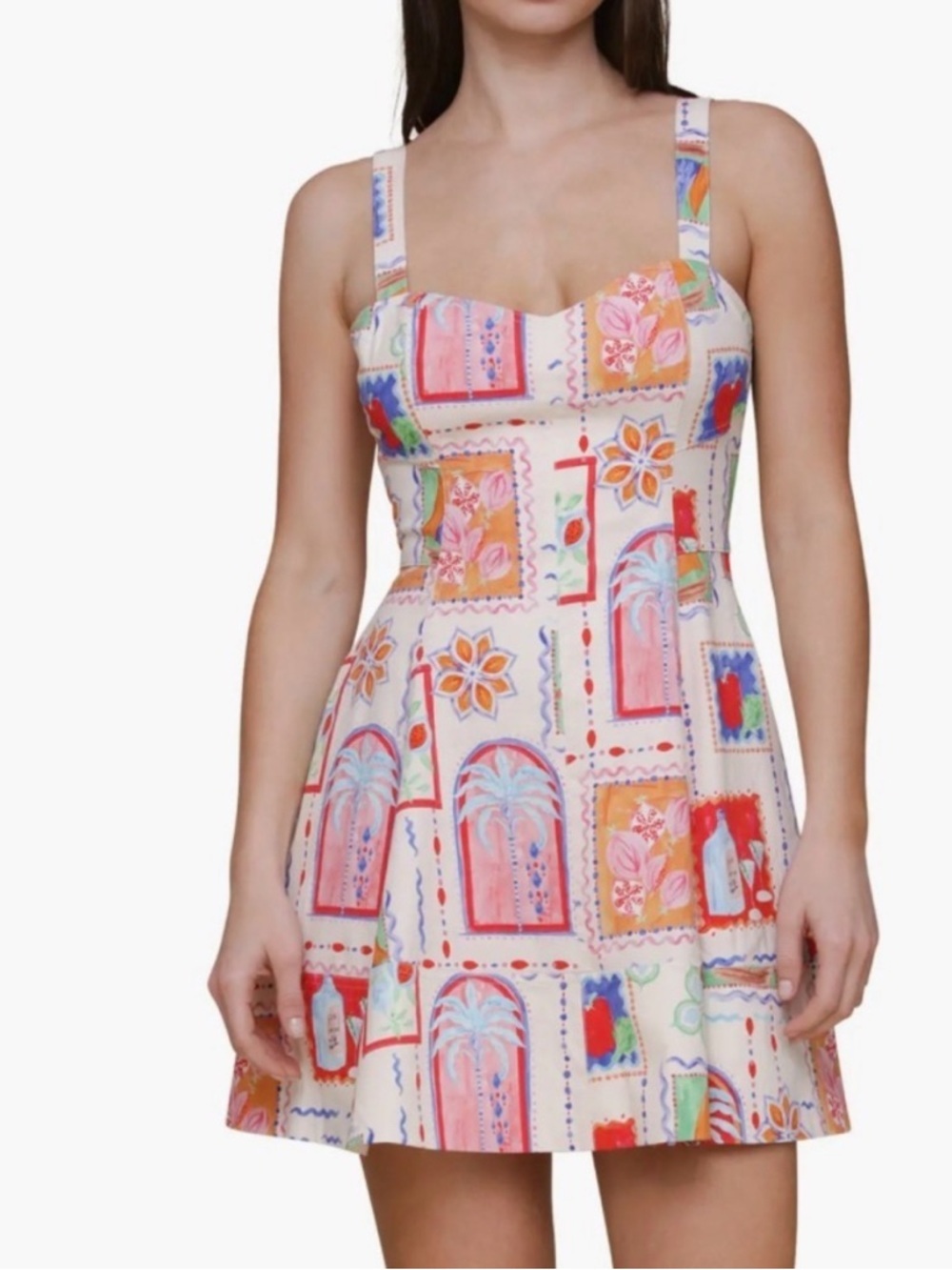 Avec Les Filles Sweetheart Neck Mini Dress Painted Print A-Line Sundress Size 6